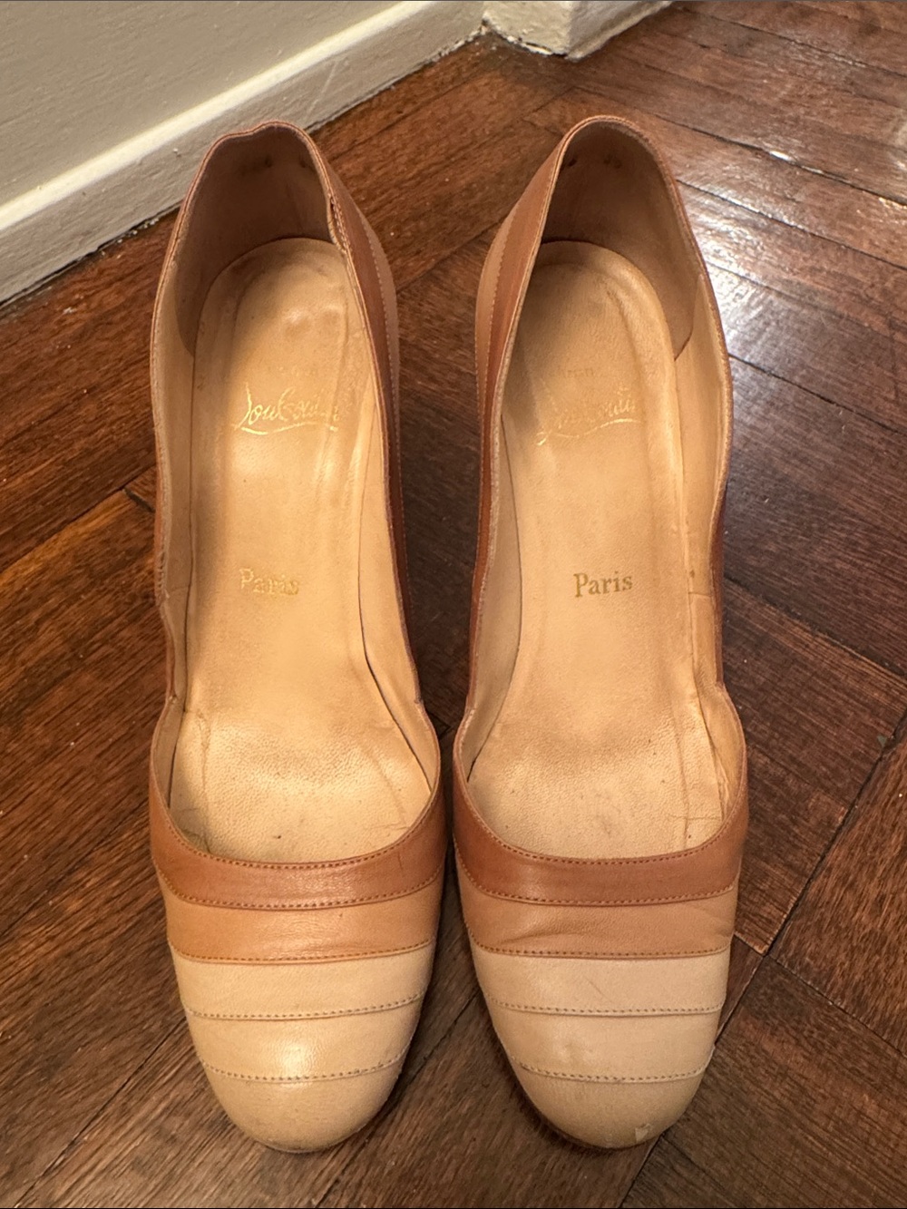 Christian Louboutin Two-Tone Nude and Tan Leather Pumps